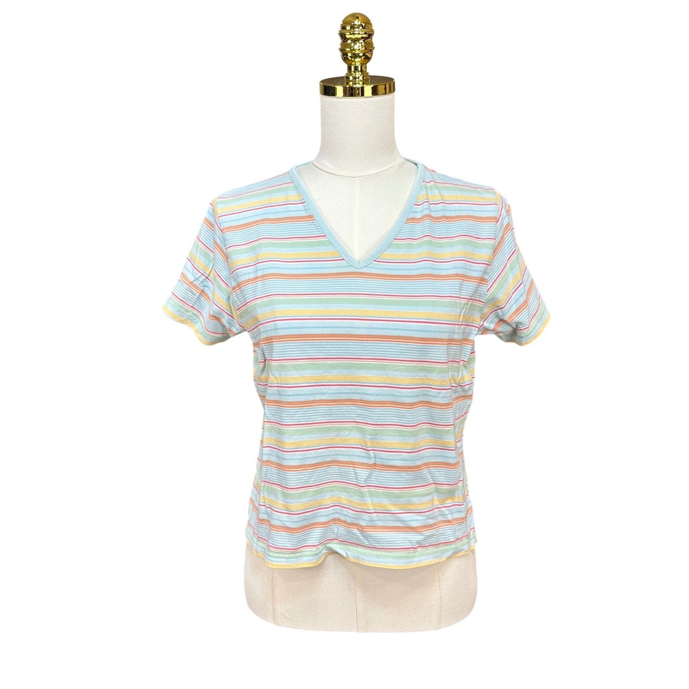 Vintage Liz Claiborne Lizwear Petite Pastel Striped V-Neck Short Sleeve T-Shirt